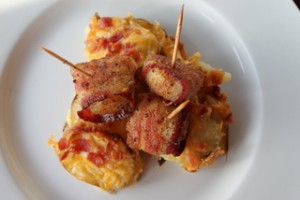 Bacon-Wrapped Scallops with Cheesy Scalloped Potatoes