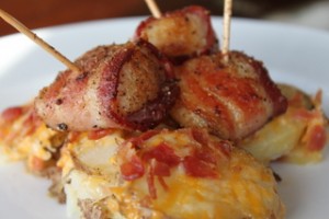 Bacon-Wrapped Scallops with Cheesy Scalloped Potatoes