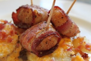 Bacon-Wrapped Scallops with Cheesy Scalloped Potatoes